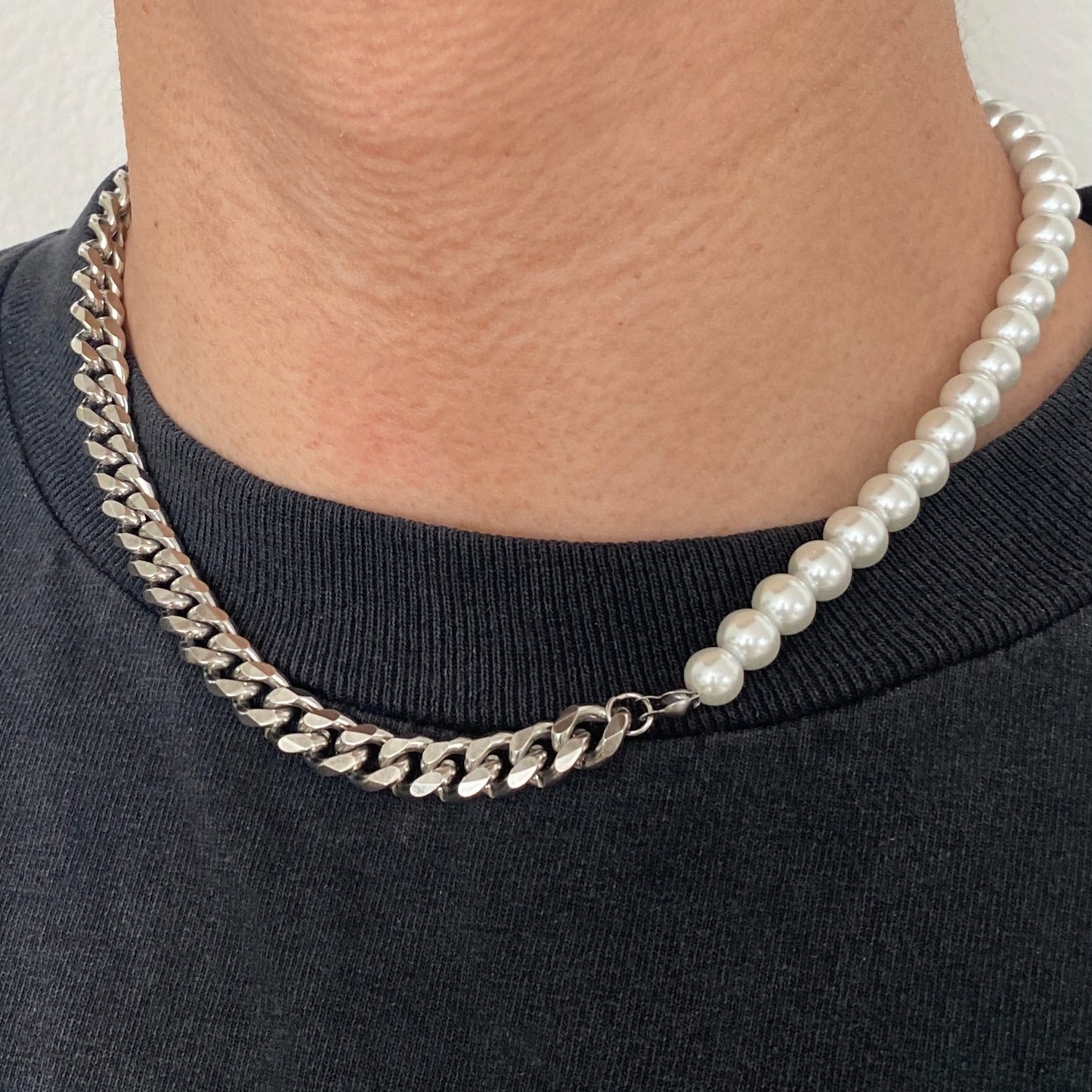 Stainless Steel Half Cuban & Pearl Chain