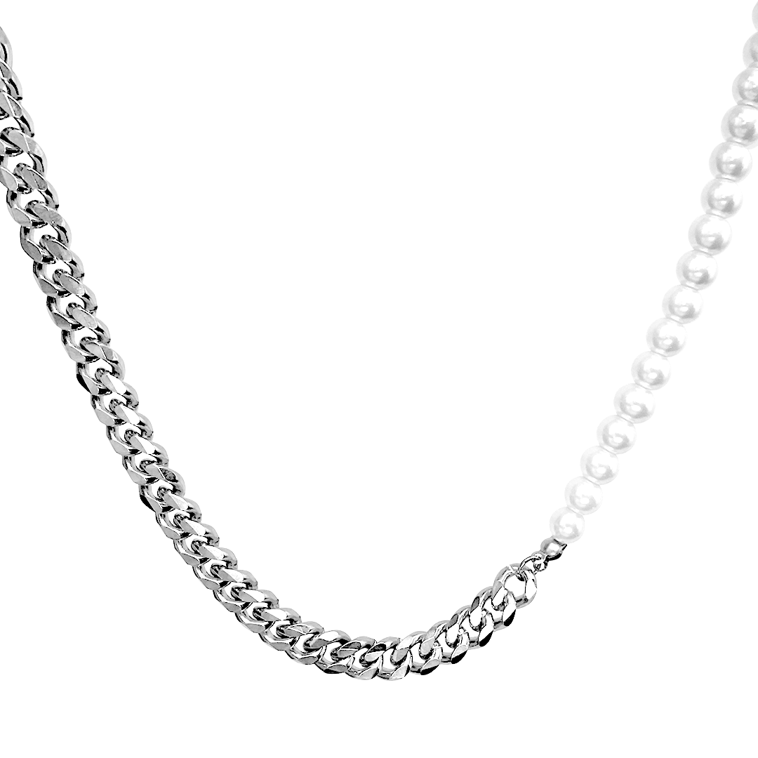 Stainless Steel Half Cuban & Pearl Chain